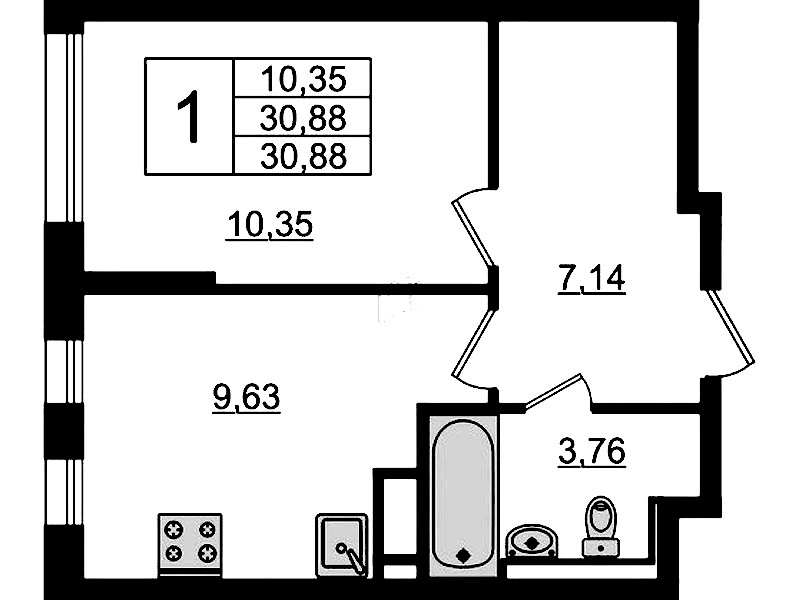 1-комнатная квартира 30.88 м², 5/12 эт., ЖК «Новые Лаврики»